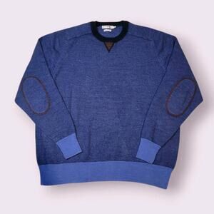 Peter Millar Blue Merino Wool Crewneck Sweater XL Elbow Patch Preppy EUC